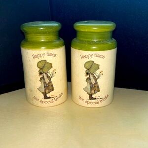 Vintage Style Holly Hobbie Ceramic Salt And Pepper Shakers - Green and Cream